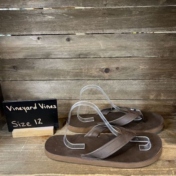 Mens Vineyard Vines Dark Brown Leather Thong Sandals Flip Flops Size 12‎ M GUC - Picture 1 of 6